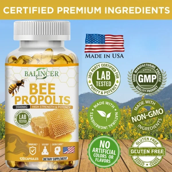Natural Bee Propolis Capsules - Relieves Joint Pain and Stiffness, Promotes Bone Health, for Immunity and Anti-oxidation