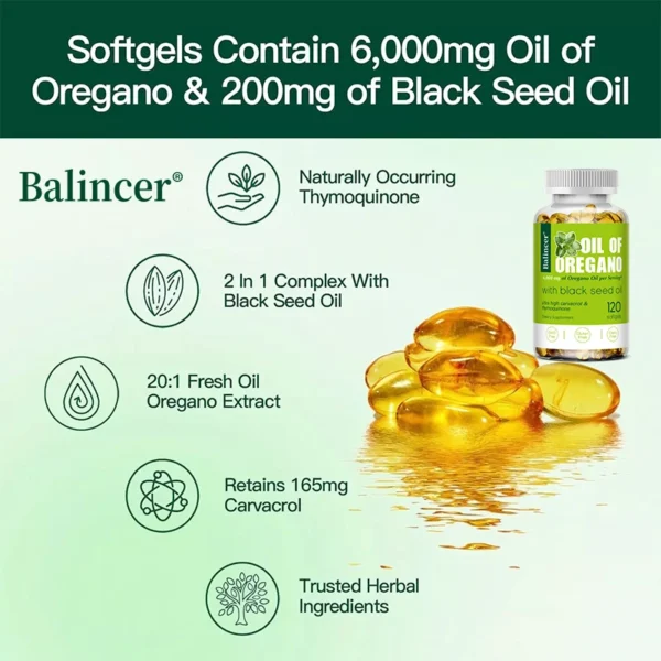 2 in 1 Oil of Oregano Capsules with Black Seed Oil - Relieves Bloating&Flatulence,Digestion,Boosts Immunity