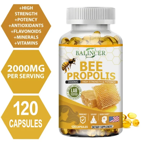 Natural Bee Propolis Capsules - Relieves Joint Pain and Stiffness, Promotes Bone Health, for Immunity and Anti-oxidation