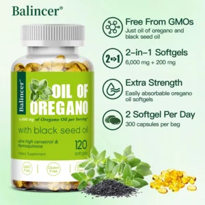 2 in 1 Oil of Oregano Capsules with Black Seed Oil - Relieves Bloating&Flatulence,Digestion,Boosts Immunity